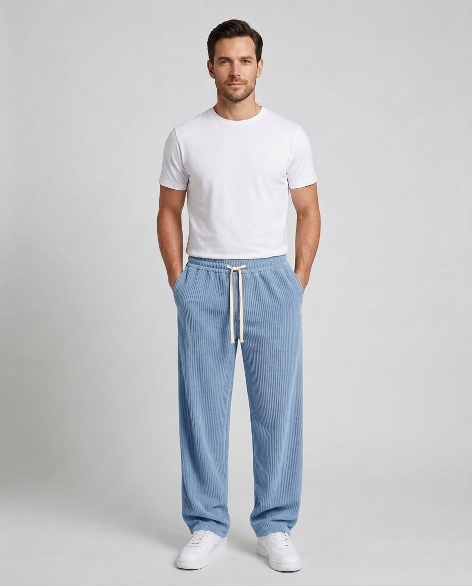 Men's Relaxed Fit Wide Leg Corduroy Trousers Drawstring Casual Everyday - Sky Blue Front [Lystr 6ac89b44d4fa2807a3a0f9a3:sky blue:front]