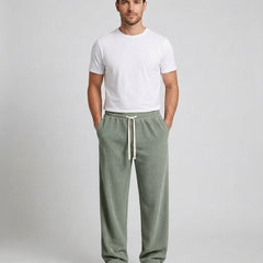 Men's Relaxed Fit Wide Leg Corduroy Trousers Drawstring Casual Everyday - Sage Green Front [Lystr 6ac89b44d4fa2807a3a0f9a3:sage green:front]