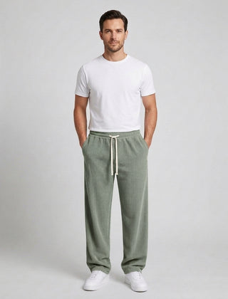Men's Relaxed Fit Wide Leg Corduroy Trousers Drawstring Casual Everyday - Sage Green Front [Lystr 6ac89b44d4fa2807a3a0f9a3:sage green:front]