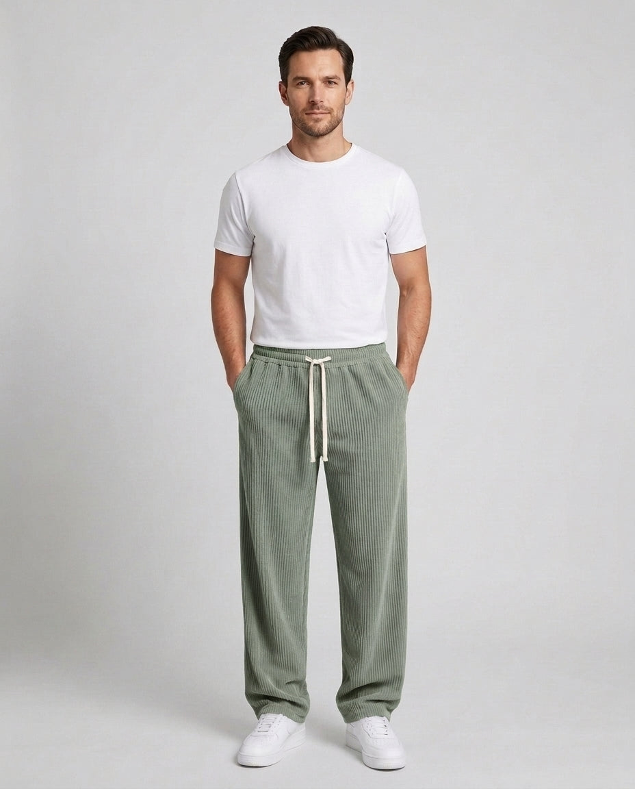 Men's Relaxed Fit Wide Leg Corduroy Trousers Drawstring Casual Everyday - Sage Green Front [Lystr 6ac89b44d4fa2807a3a0f9a3:sage green:front]