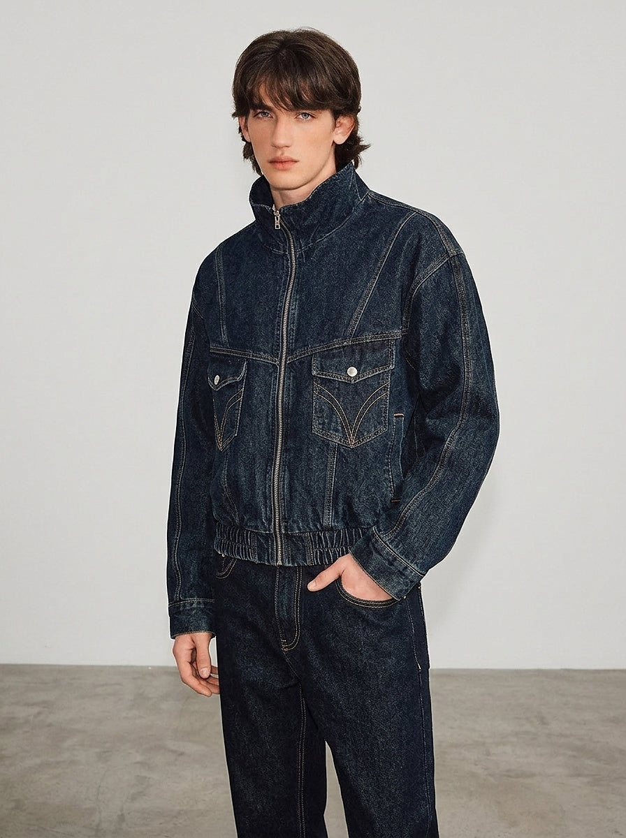 Men’s Denim Jacket with High Collar and Zip Closure