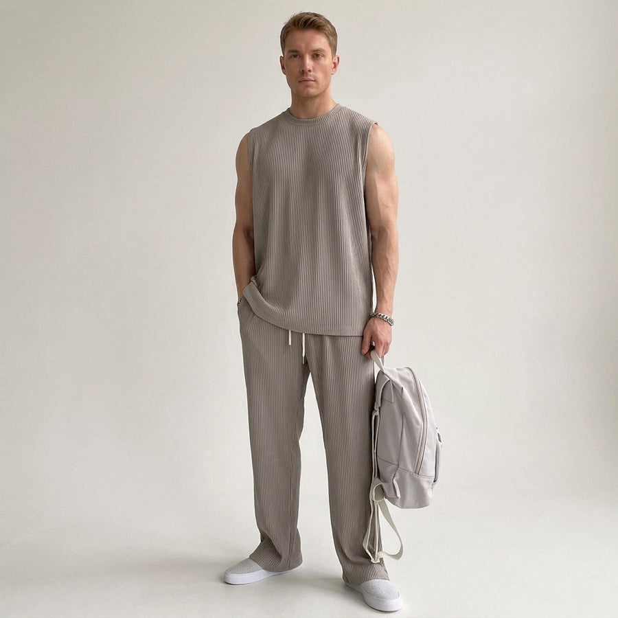 Men's Ribbed Sleeveless Top and Trousers Set Casual Relaxed Fit Everyday Wear