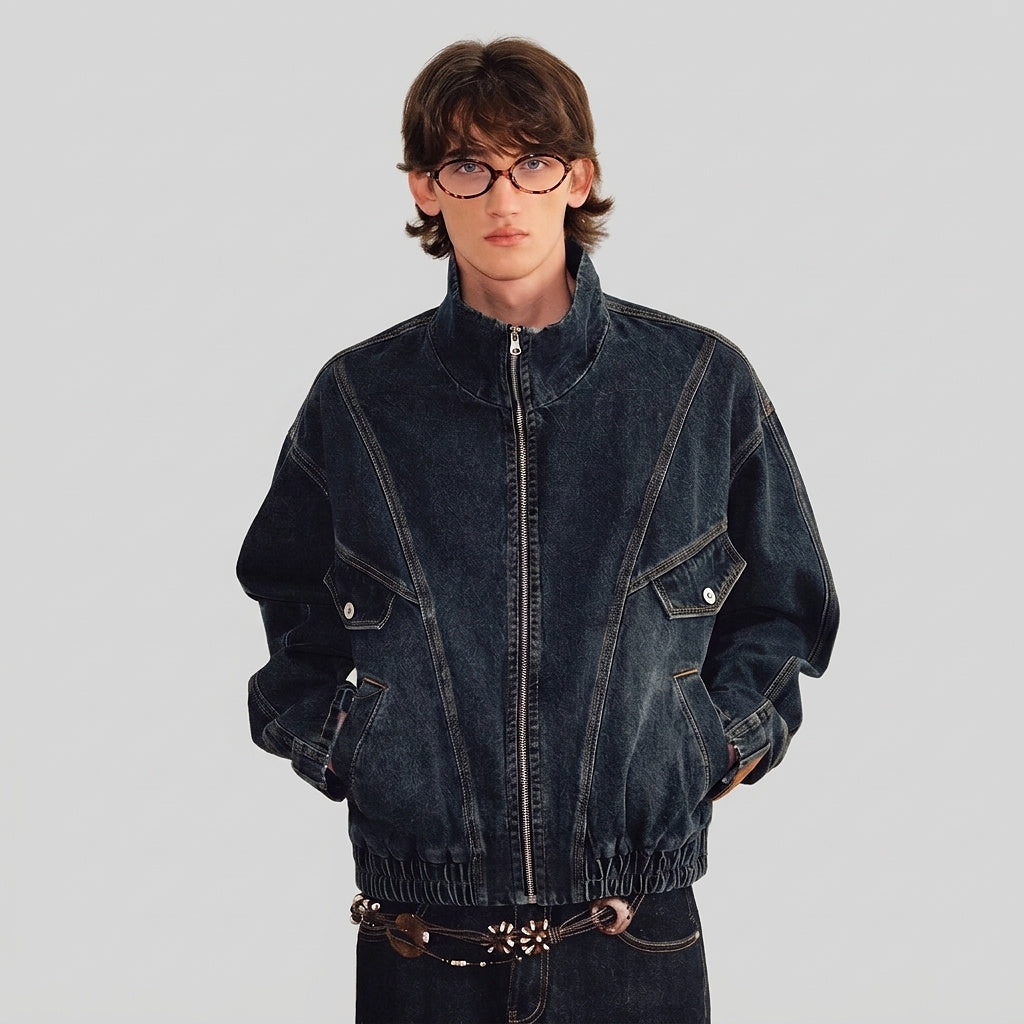 Men’s Denim Jacket with High Collar and Zip Closure