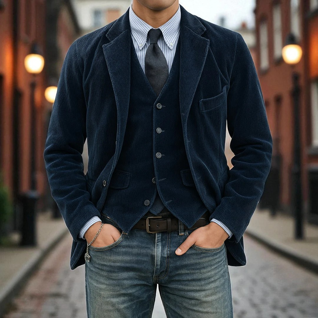 Men's Refined Corduroy Blazer Suit Tailored Fit Single-Breasted Smart-Casual