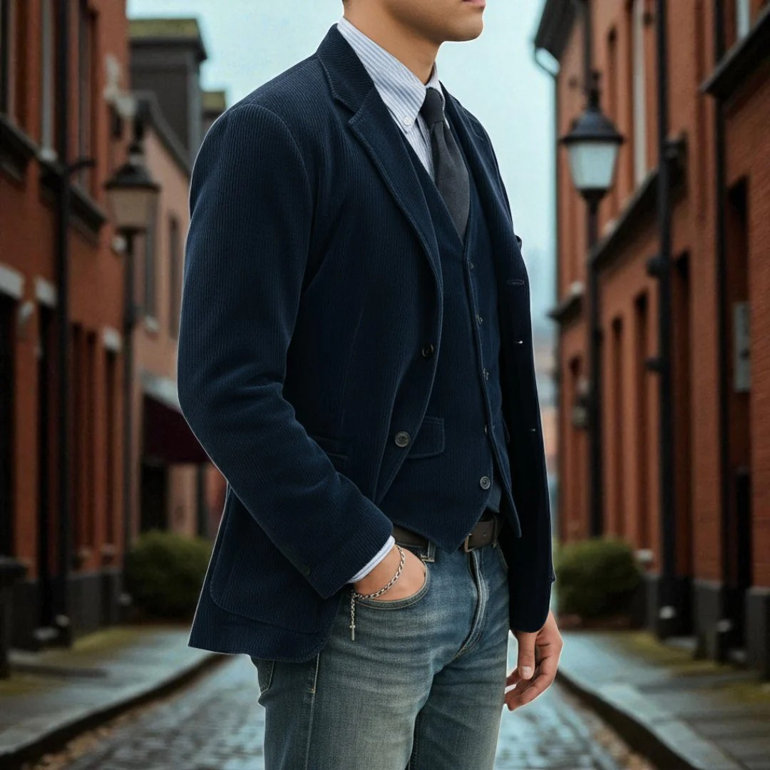 Men's Refined Corduroy Blazer Suit Tailored Fit Single-Breasted Smart-Casual