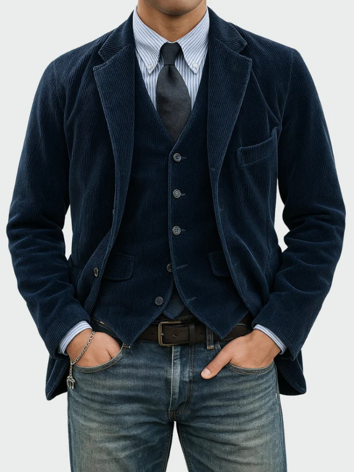 Men's Refined Corduroy Blazer Suit Tailored Fit Single-Breasted Smart-Casual