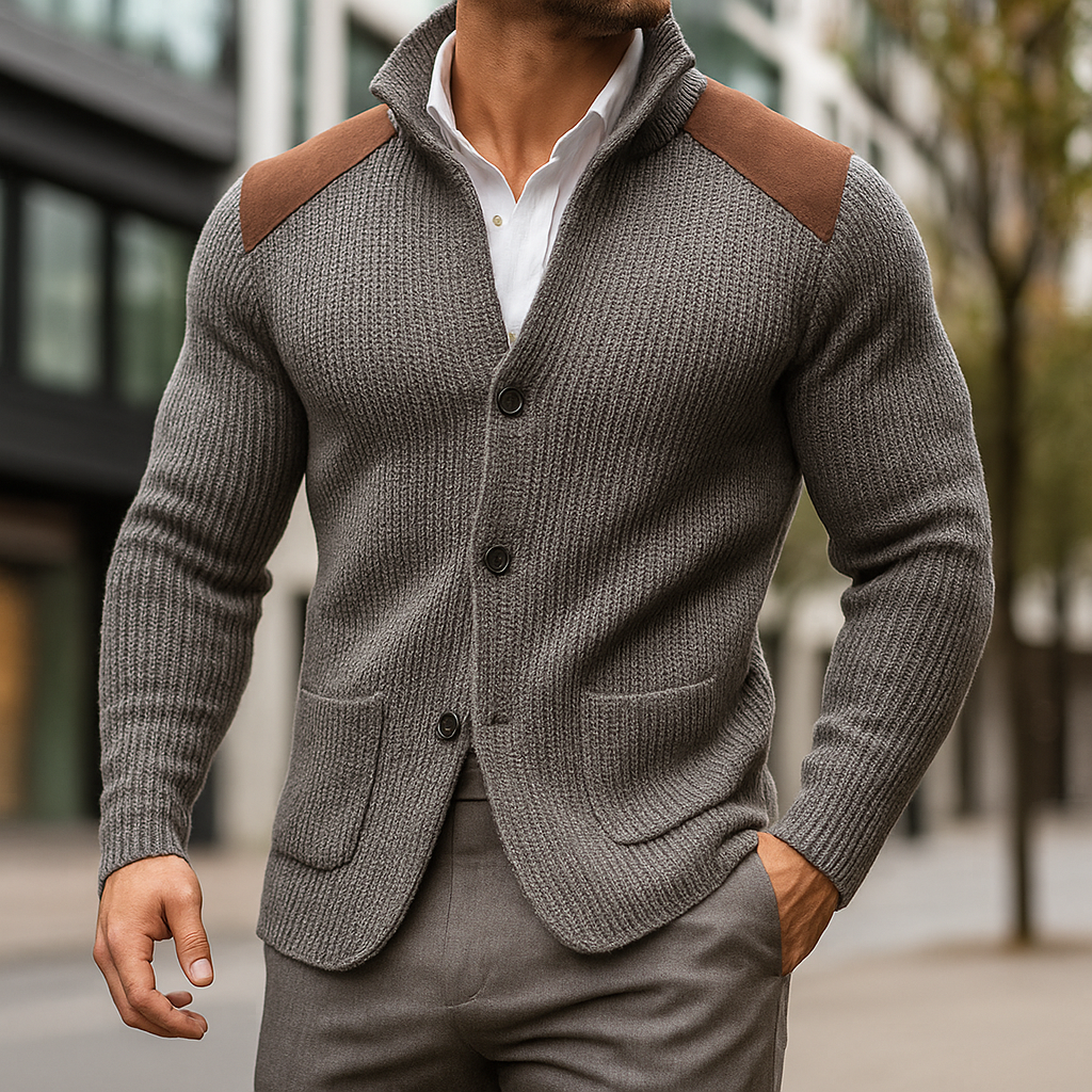 Men's Stylish Cardigan Relaxed Fit Long Sleeve Shoulder Patch Casual Wear