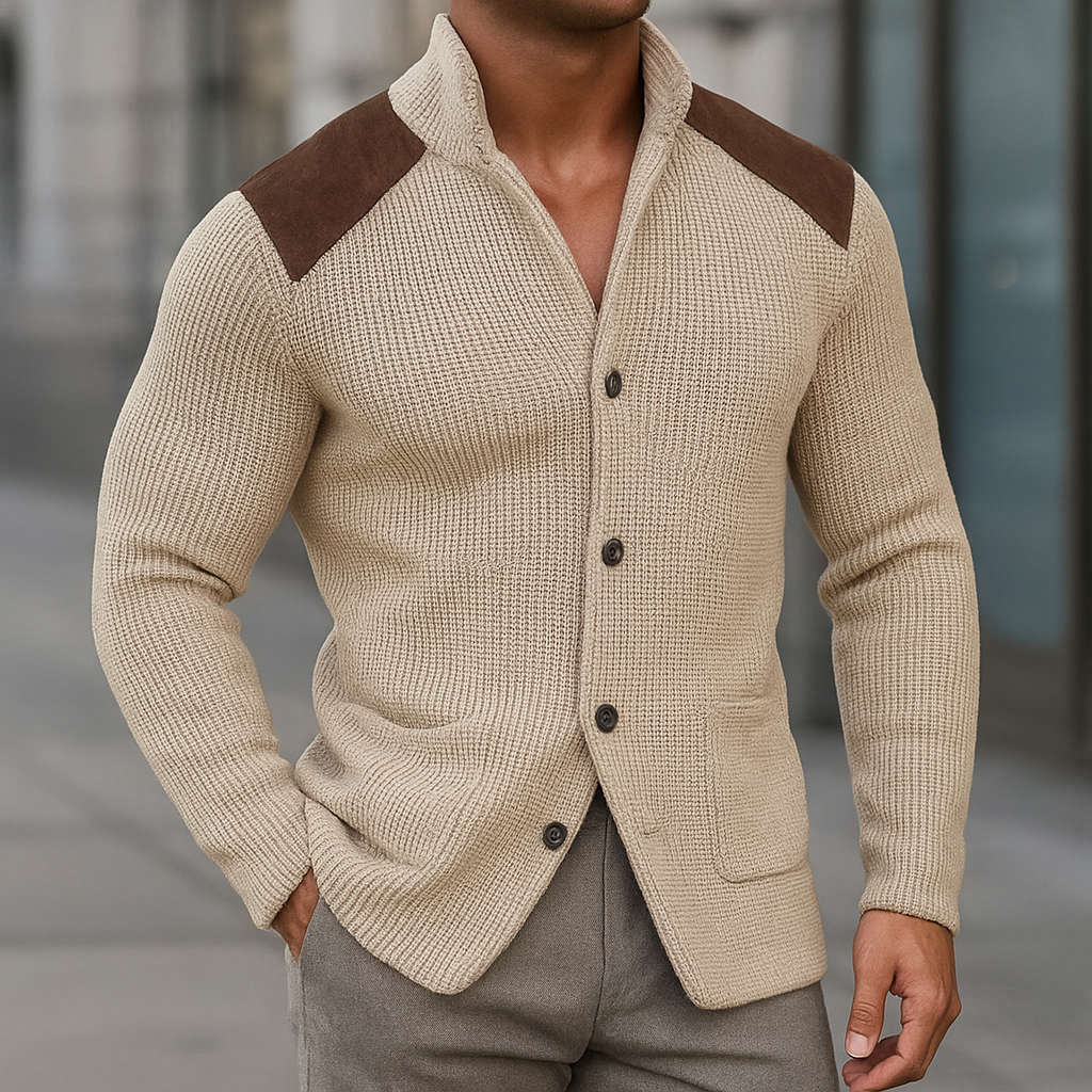 Men's Stylish Cardigan Relaxed Fit Long Sleeve Shoulder Patch Casual Wear