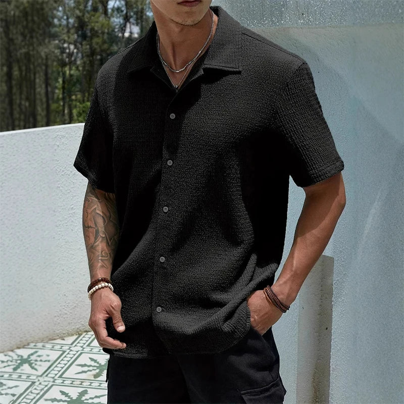 Men's Textured Casual Shirt | Cuban Collar with Front Button Placket
