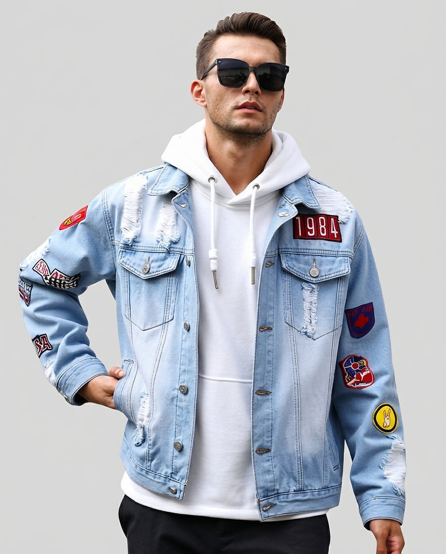 Men’s Denim Jacket with Patches and Distressed Details