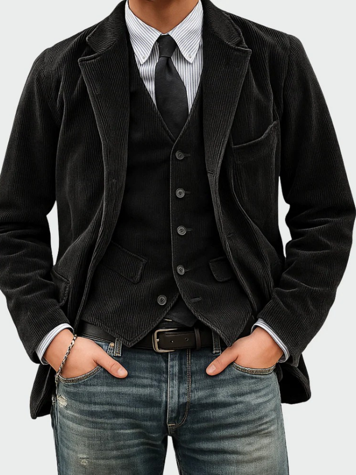 Men's Refined Corduroy Blazer Suit Tailored Fit Single-Breasted Smart-Casual