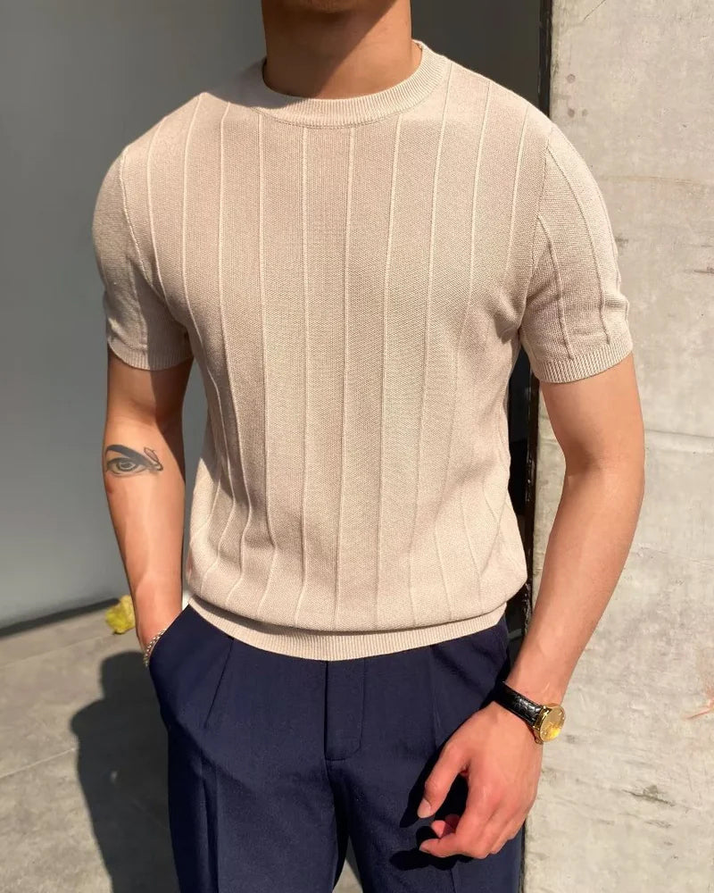 Men's Ribbed T-Shirt Vertical Textured Crew Neck Short-Sleeve Slim Fit Casual Everyday Layering Streetwear Dashiell