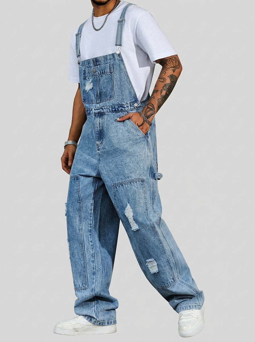 Men’s Distressed Denim Bib Overalls