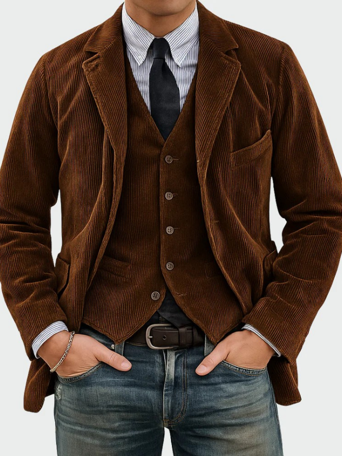 Men's Refined Corduroy Blazer Suit Tailored Fit Single-Breasted Smart-Casual