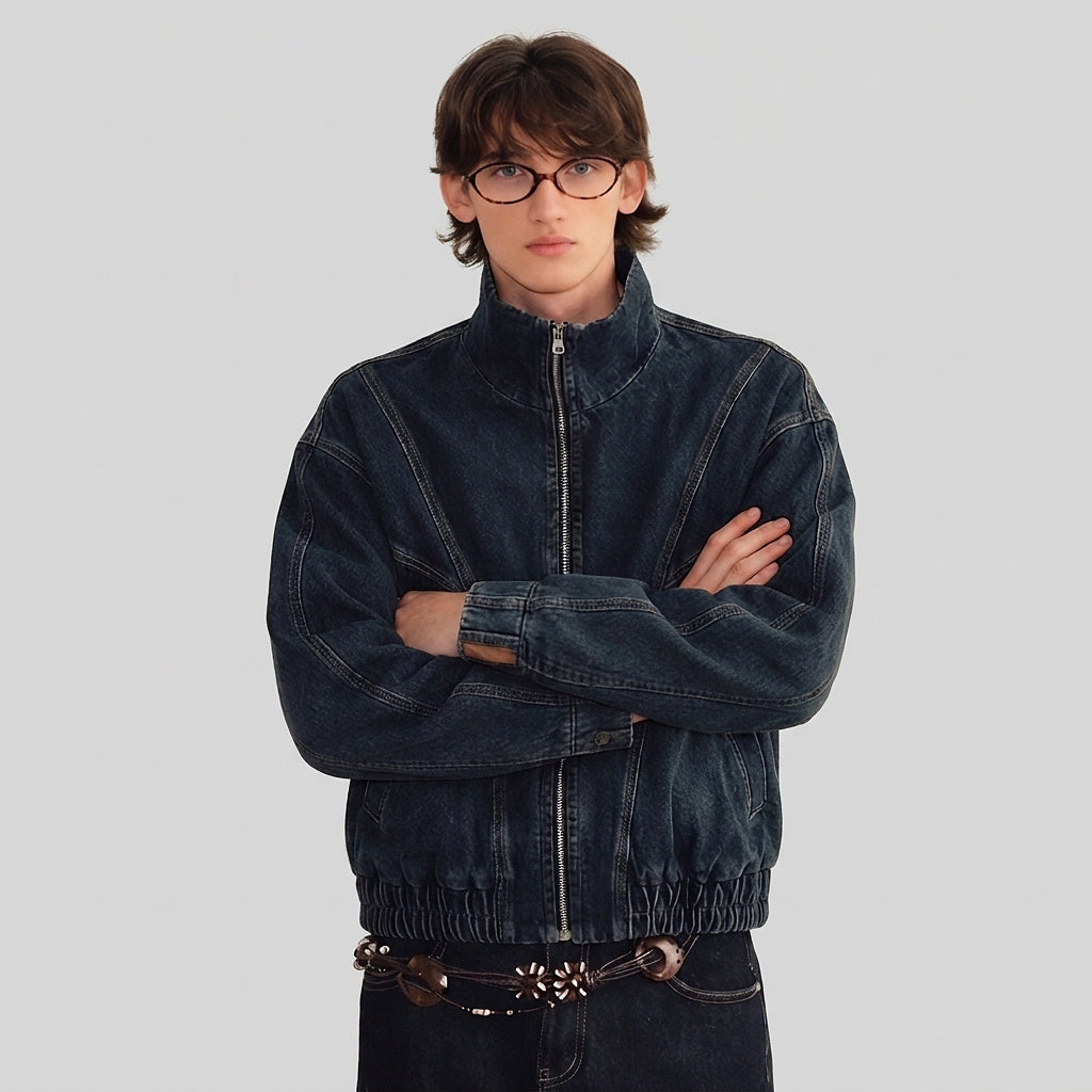 Men’s Denim Jacket with High Collar and Zip Closure