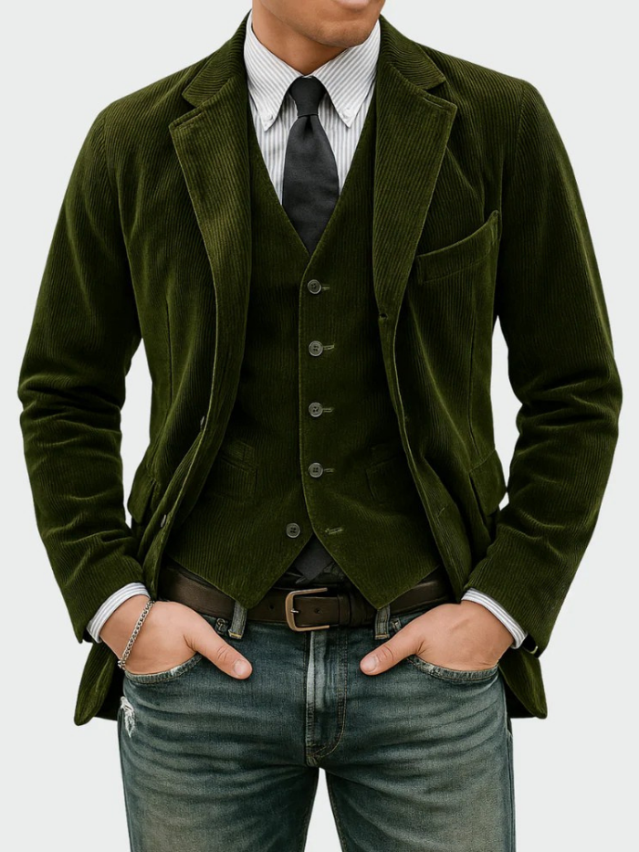 Men's Refined Corduroy Blazer Suit Tailored Fit Single-Breasted Smart-Casual