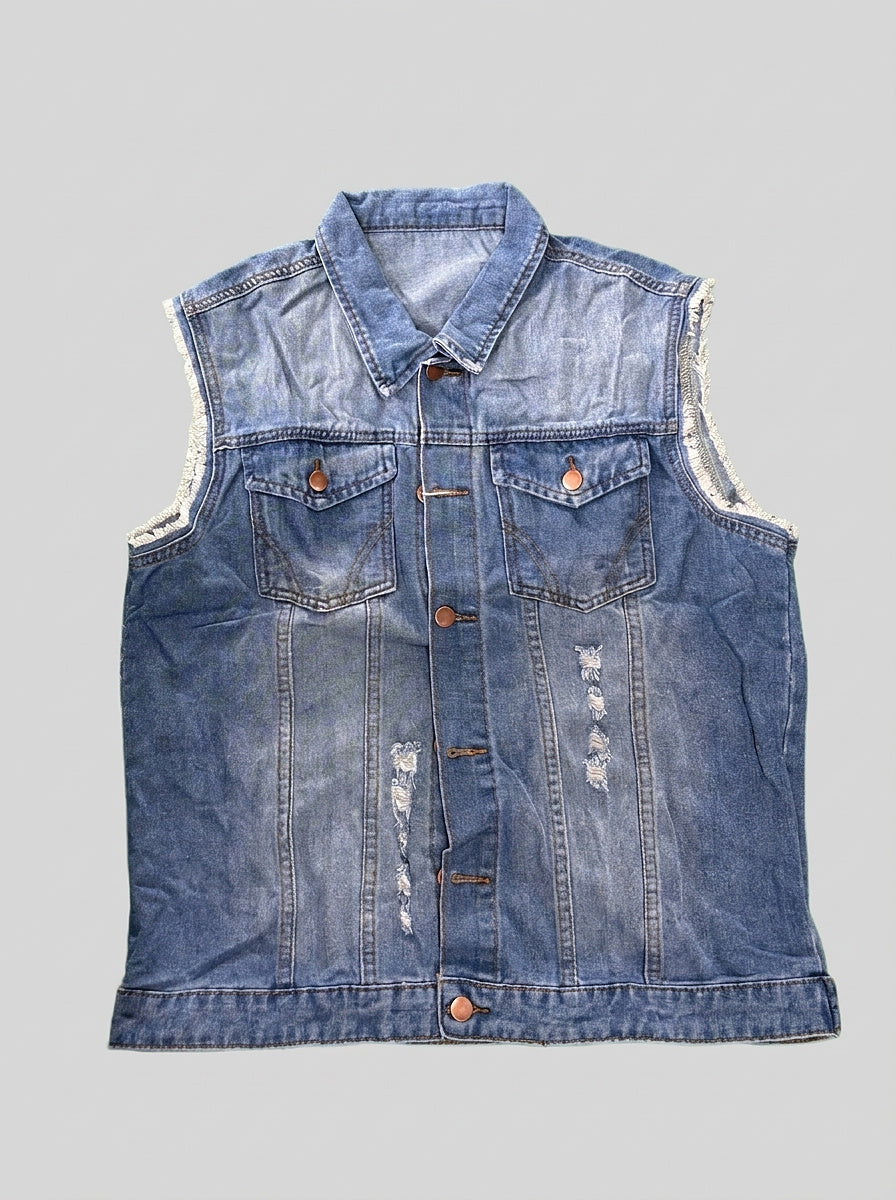 Men’s Distressed Denim Vest with Frayed Armholes