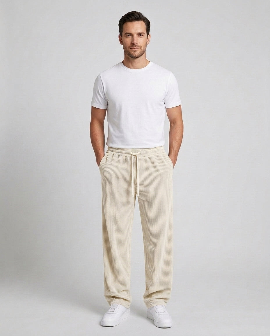 Men's Relaxed Fit Wide Leg Corduroy Trousers Drawstring Casual Everyday - Ivory Front [Lystr 6ac89b44d4fa2807a3a0f9a3:ivory:front]