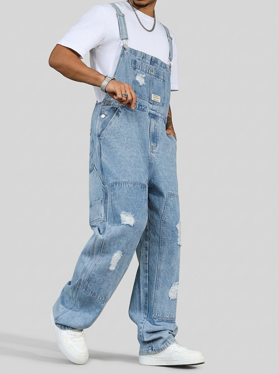 Men’s Distressed Denim Bib Overalls