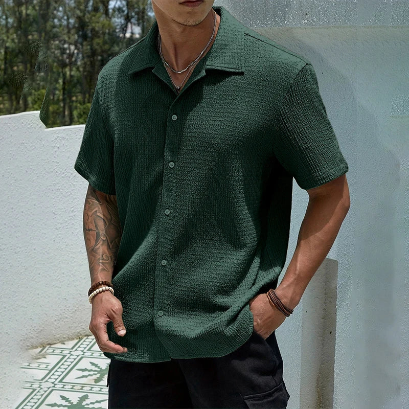Men's Textured Casual Shirt | Cuban Collar with Front Button Placket