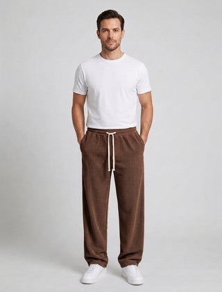 Men's Relaxed Fit Wide Leg Corduroy Trousers Drawstring Casual Everyday - Brown Front [Lystr 6ac89b44d4fa2807a3a0f9a3:brown:front]