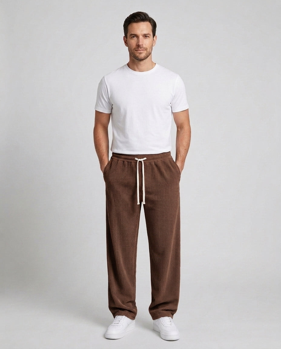 Men's Relaxed Fit Wide Leg Corduroy Trousers Drawstring Casual Everyday - Brown Front [Lystr 6ac89b44d4fa2807a3a0f9a3:brown:front]