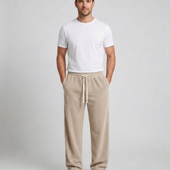 Men's Relaxed Fit Wide Leg Corduroy Trousers Drawstring Casual Everyday - Beige Front [Lystr 6ac89b44d4fa2807a3a0f9a3:beige:front]