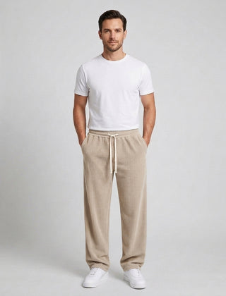 Men's Relaxed Fit Wide Leg Corduroy Trousers Drawstring Casual Everyday - Beige Front [Lystr 6ac89b44d4fa2807a3a0f9a3:beige:front]