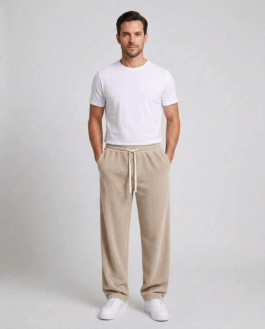 Men's Relaxed Fit Wide Leg Corduroy Trousers Drawstring Casual Everyday - Beige Front [Lystr 6ac89b44d4fa2807a3a0f9a3:beige:front]