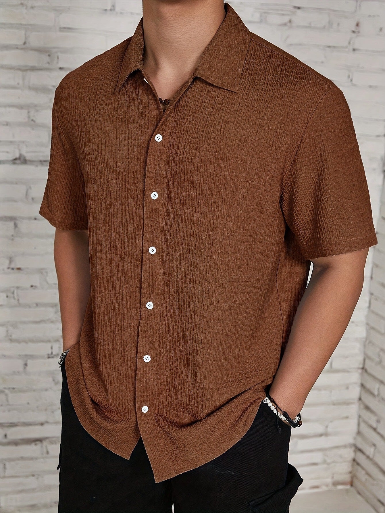 Men's Textured Casual Shirt | Cuban Collar with Front Button Placket