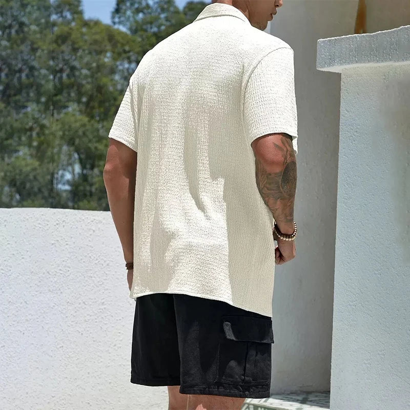 Men's Textured Casual Shirt | Cuban Collar with Front Button Placket