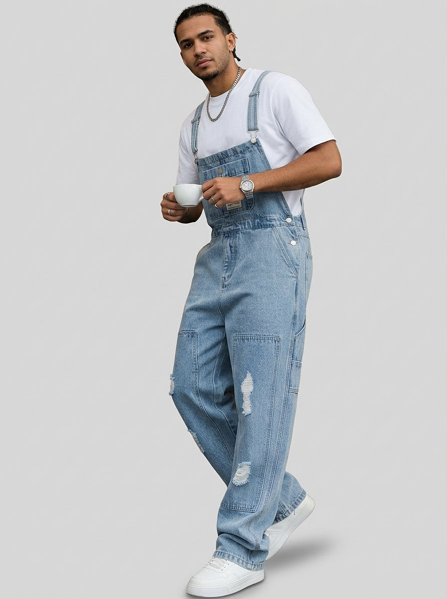 Men’s Distressed Denim Bib Overalls