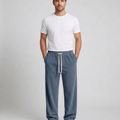 Men's Relaxed Fit Wide Leg Corduroy Trousers Drawstring Casual Everyday - Slate Blue Front [Lystr 6ac89b44d4fa2807a3a0f9a3:slate blue:front]