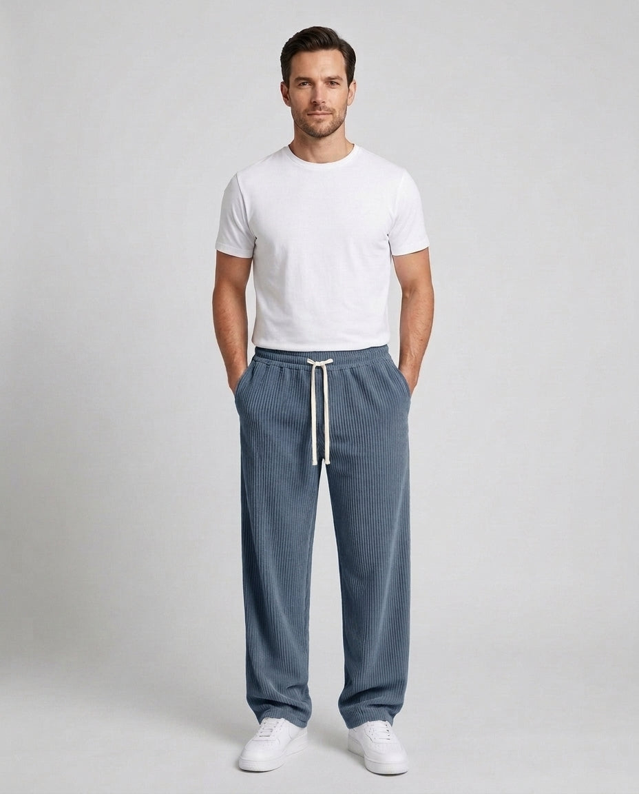 Men's Relaxed Fit Wide Leg Corduroy Trousers Drawstring Casual Everyday - Slate Blue Front [Lystr 6ac89b44d4fa2807a3a0f9a3:slate blue:front]