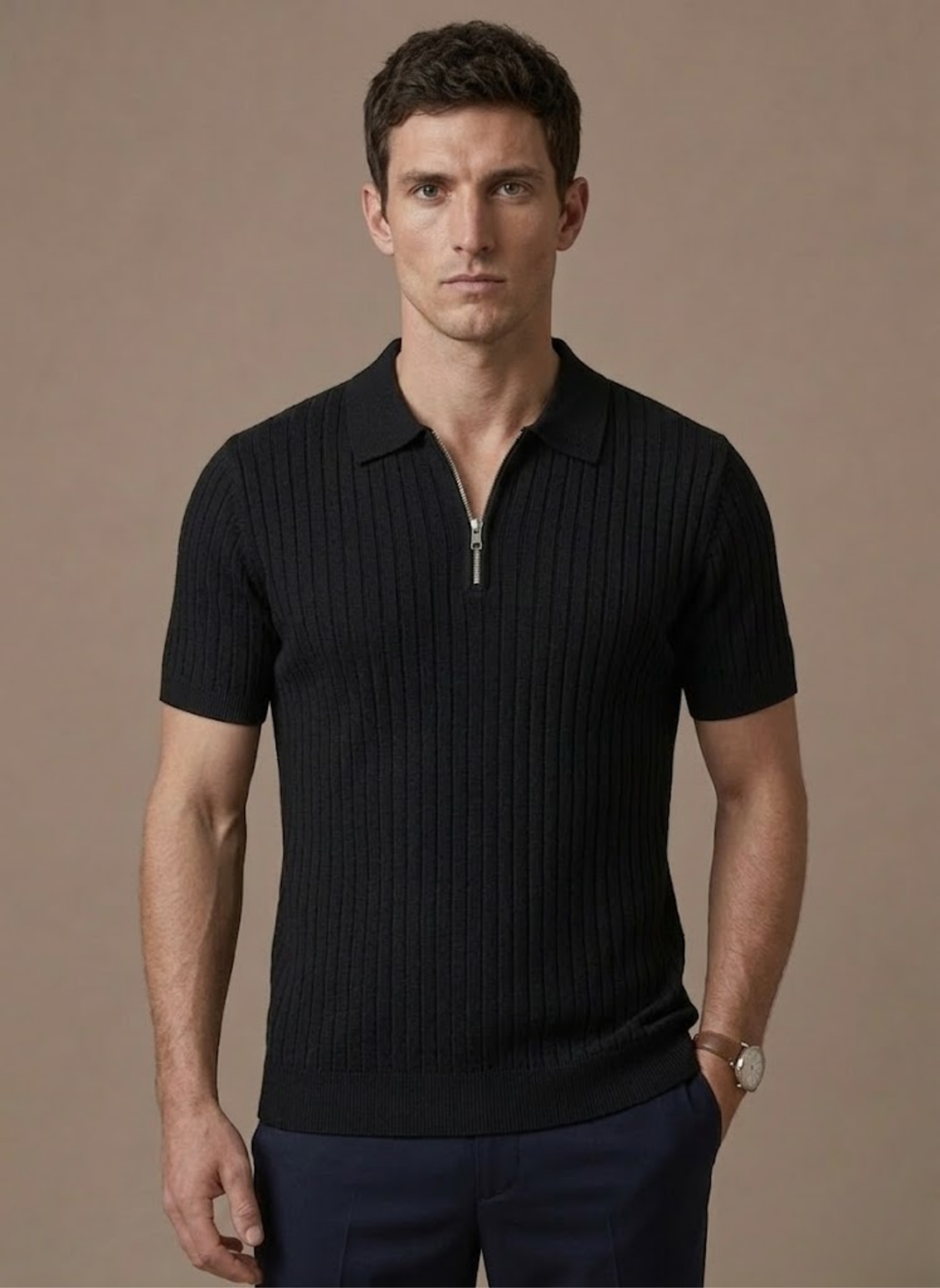 Men's Stylish Striped Knit Polo Shirt | Short Sleeve