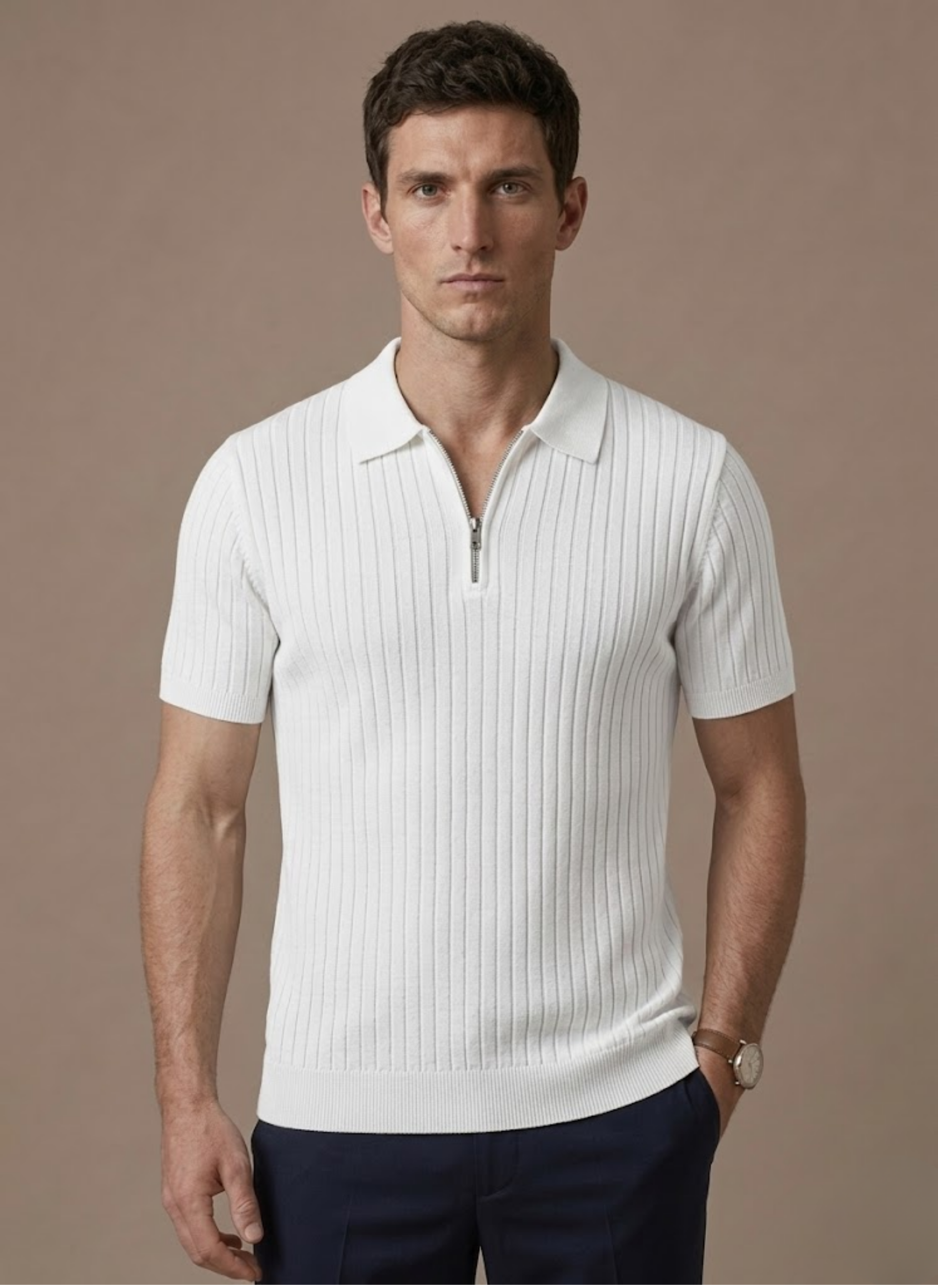 Men's Stylish Striped Knit Polo Shirt | Short Sleeve