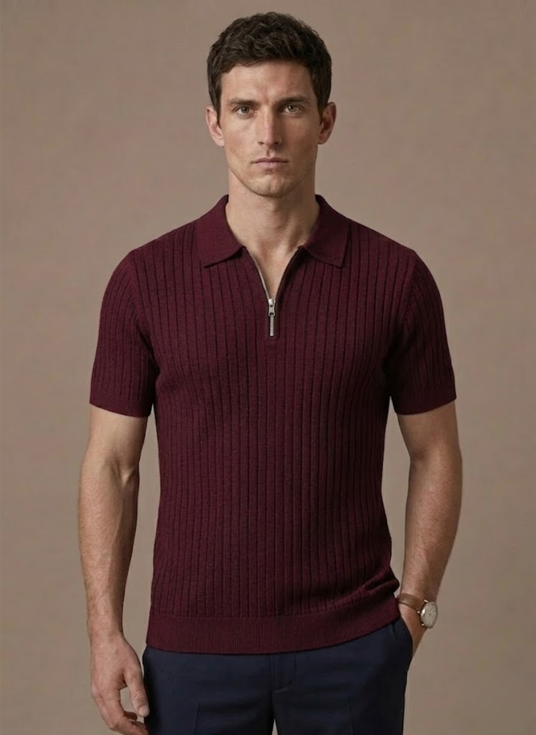 Men's Stylish Striped Knit Polo Shirt | Short Sleeve