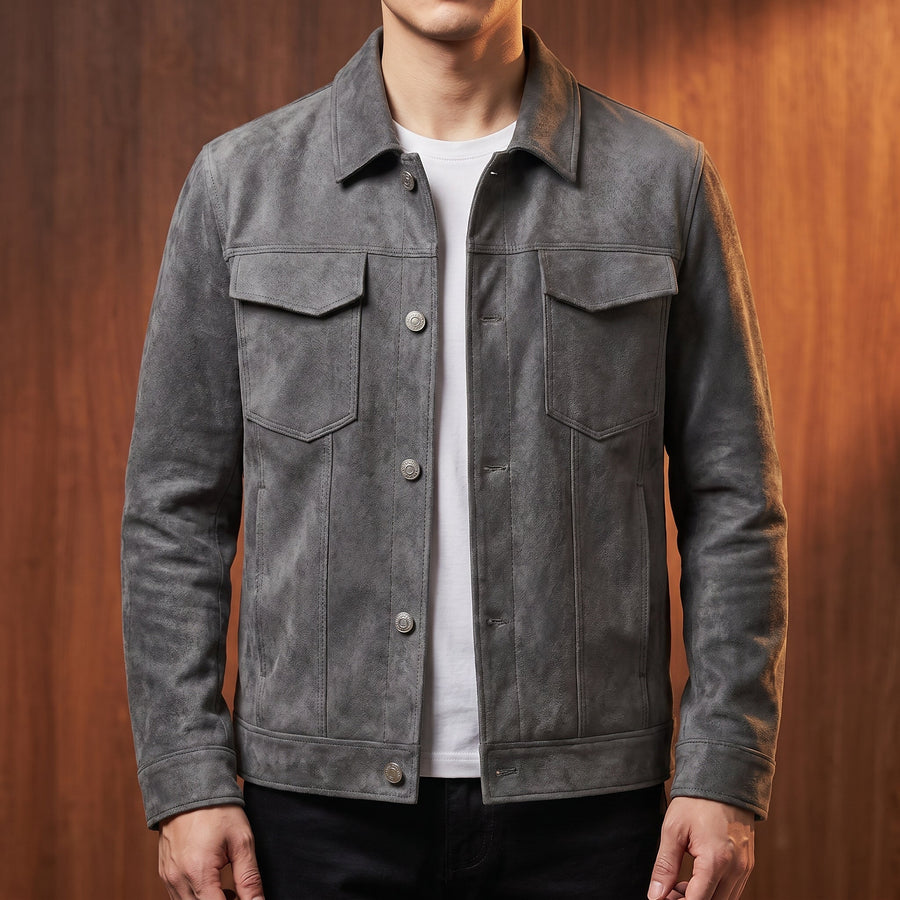 Men's Classic Suede Utility Jacket Biker Style Zip Closure Casual Everyday
