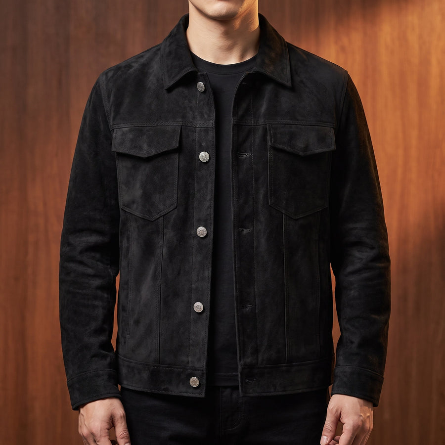 Men's Classic Suede Utility Jacket Biker Style Zip Closure Casual Everyday