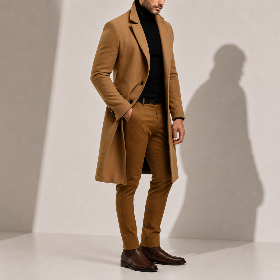 Men's Classic Long Overcoat Tailored Fit Double-Breasted Stylish Winter Outerwear