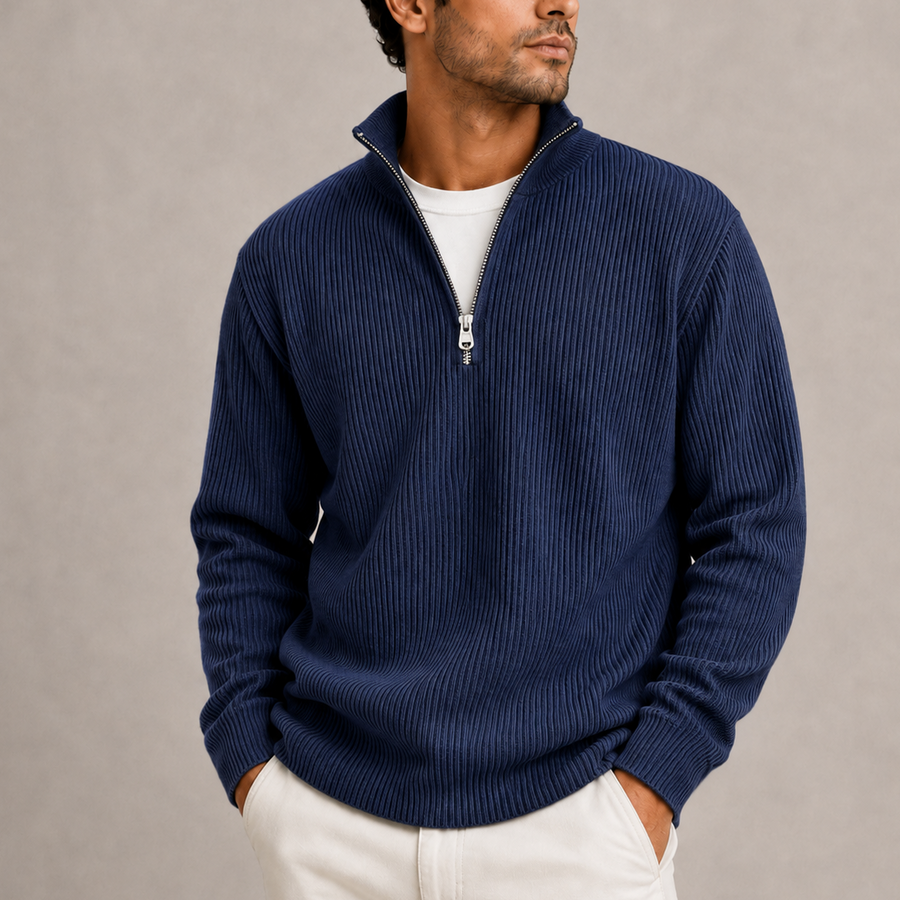 Men's Smart Casual Ribbed Quarter-Zip Sweater Stylish Knit Jumper