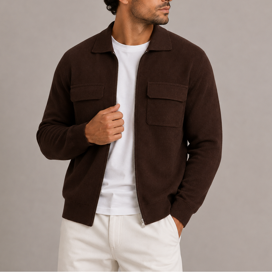Men's Zip-Up Knit Jacket Collared Cardigan Relaxed Fit Chest Pockets Casual