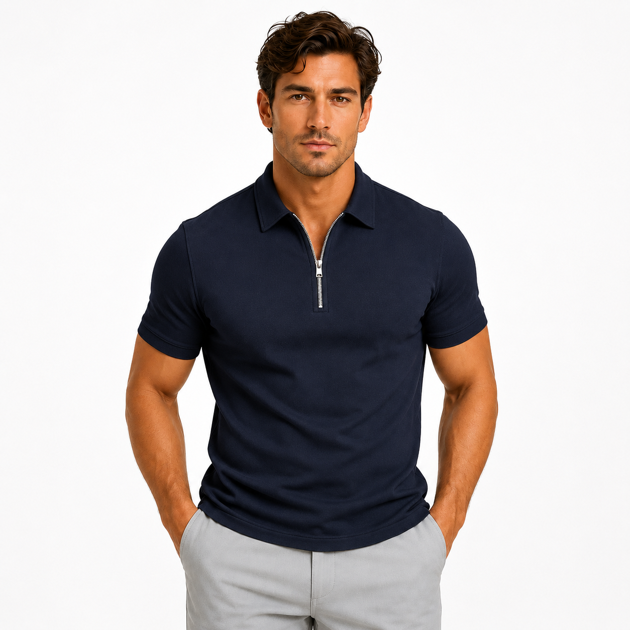 Men's Slim-Fit Short-Sleeve Polo Shirt Zip-Neck Casual Stylish Everyday