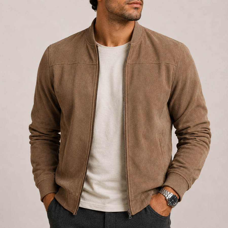 Men's Suede Bomber Jacket Casual Fit Zip Closure Classic Everyday Style