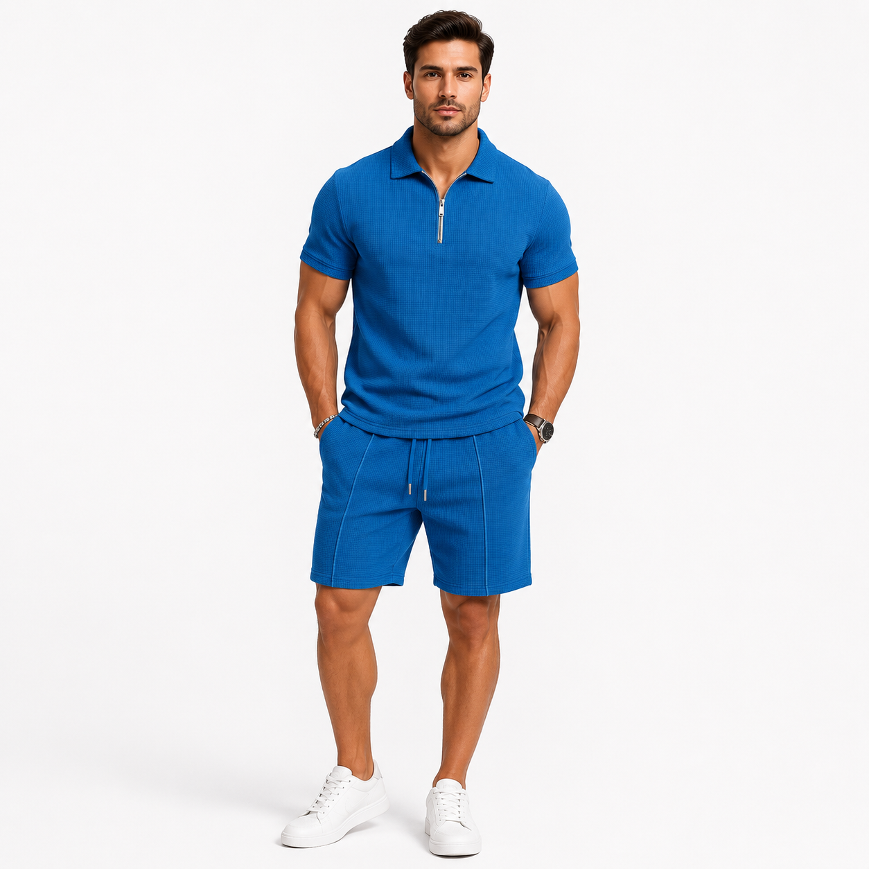 Men's Zip-Neck Polo Shirt and Shorts Co-ord Set Casual Everyday Summer Relaxed Fit