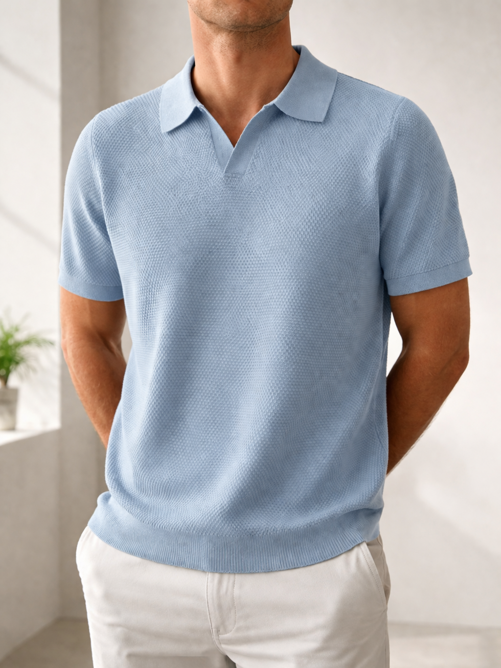 Men’s Casual Textured Knit Polo Shirt | Short Sleeve Collar Top