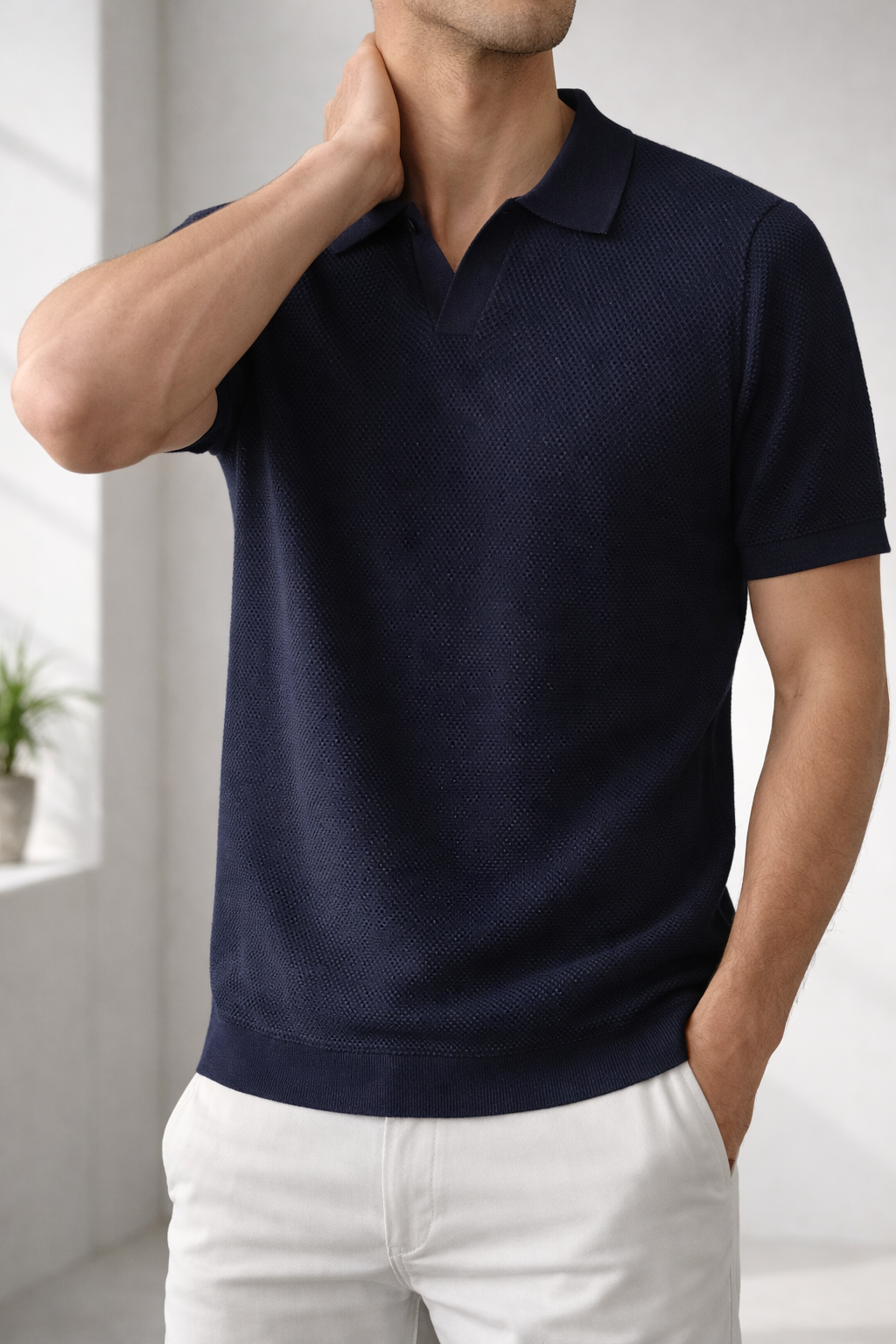 Men's Textured Knit Polo Shirt | Short Sleeve Casual Collar Top
