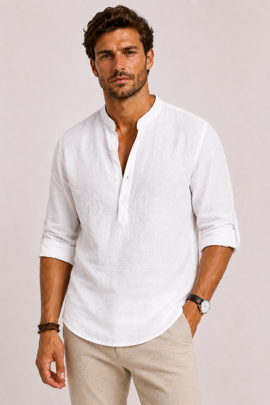 Men's Stand Collar Shirt Button-Up Short-Sleeve Casual Smart-Casual Holiday Beach Relaxed Fit Everyday Grandin