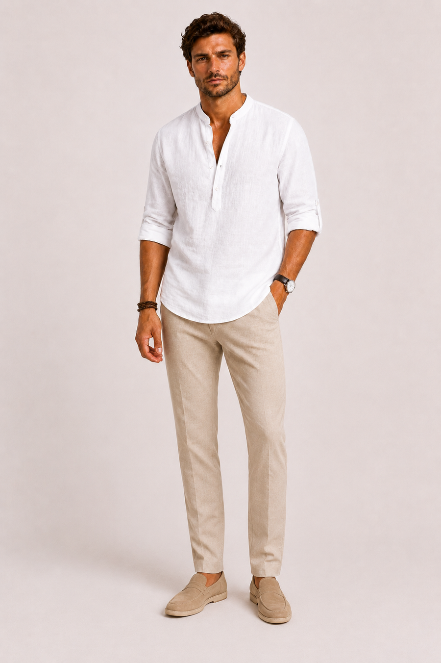 Men's Stand Collar Shirt Button-Up Short-Sleeve Casual Smart-Casual Holiday Beach Relaxed Fit Everyday Grandin