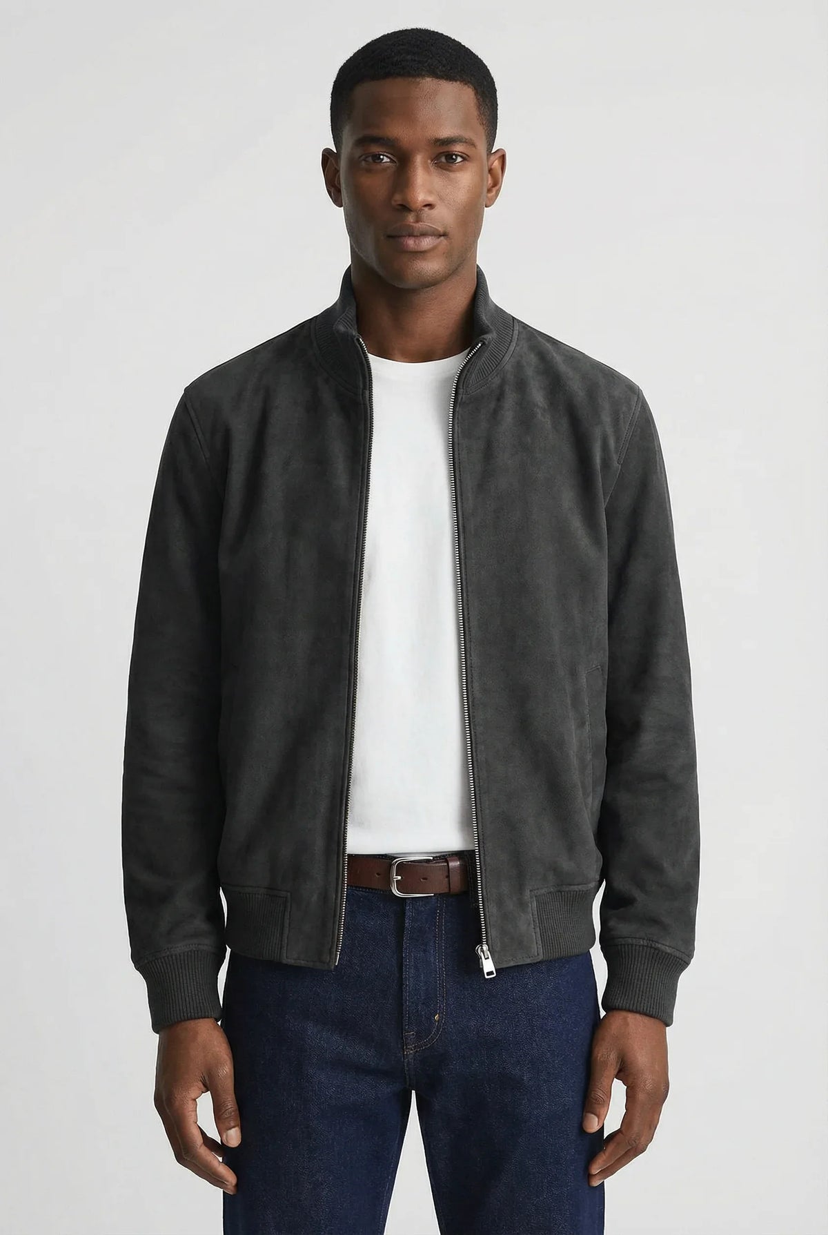 Men's Slim Fit Suede Jacket Stylish Casual Outerwear with Zipper Closure and Pocket Details